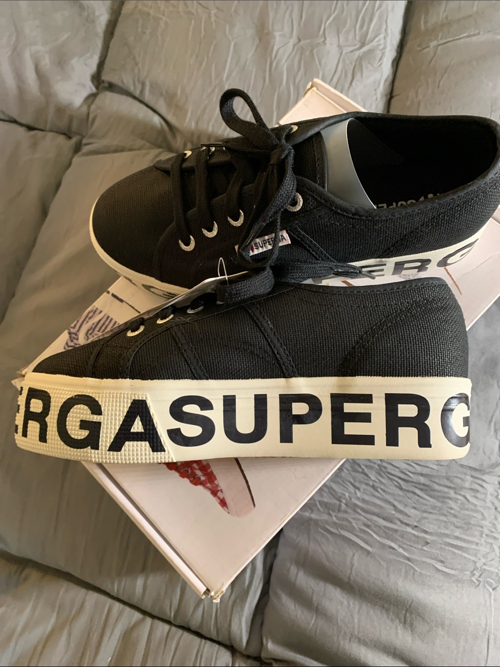 Superga Black Canvas Platform Sneakers with Branded White Sole